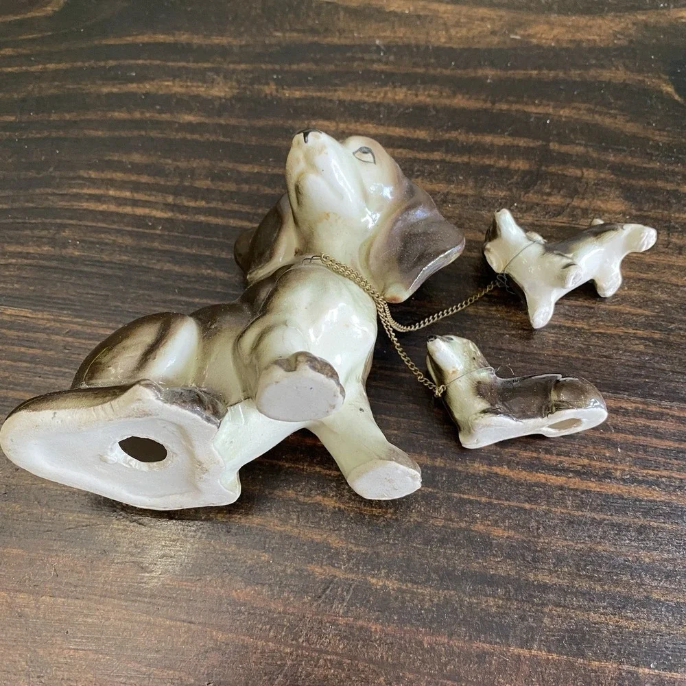 VTG DACHSHUND‎ Ceramic Figurines Mom And 2 Puppies Brown & White Flaw